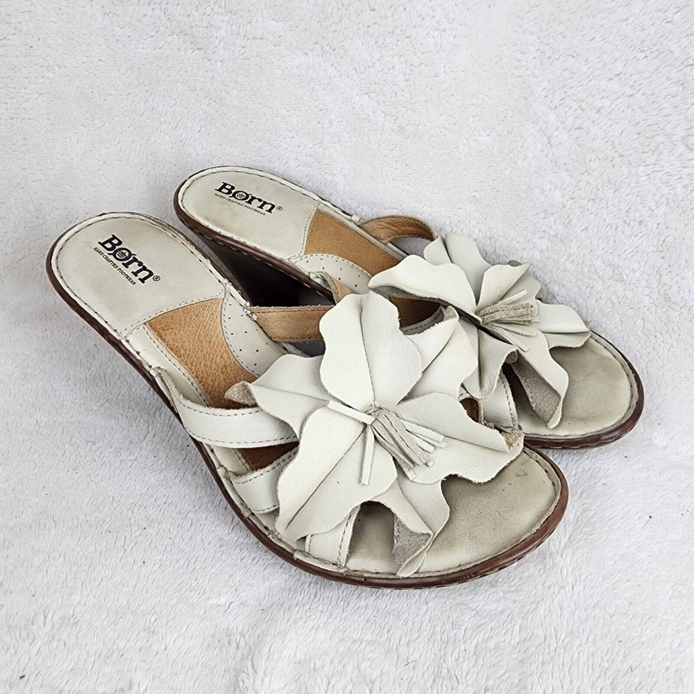 Born Womens Beige Leather Flower Heel Strappy Leather Sandal Size Us 9 Eu 40